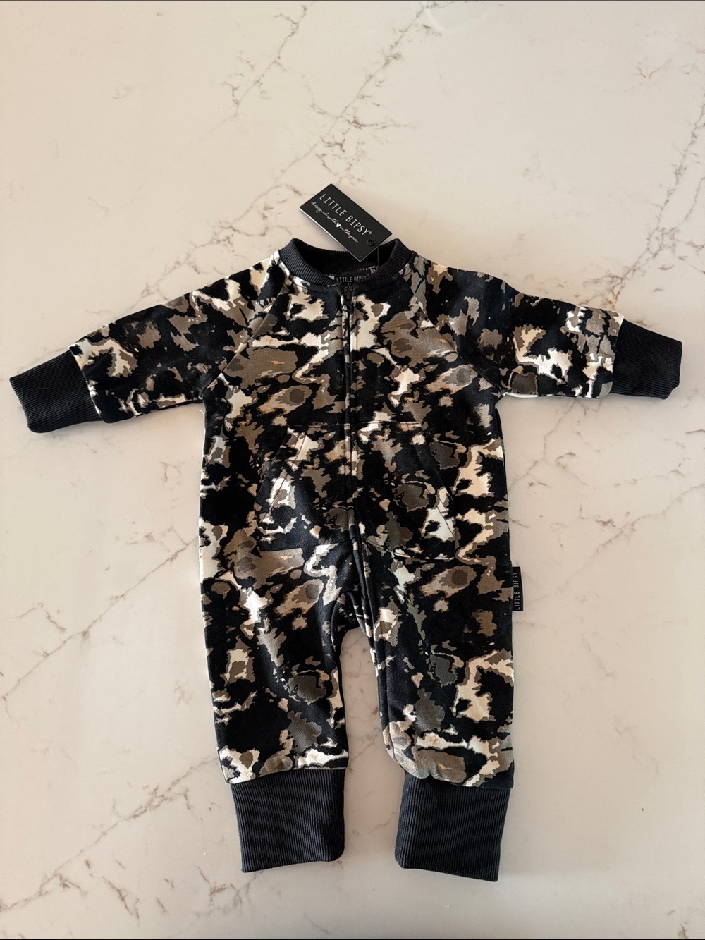 Little Bipsy Black & Cream Camo Zip Romper